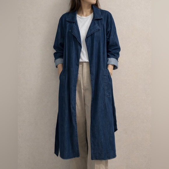 GAP Jackets & Blazers - Gap Sz S Long Line Denim Trench Coat Patch Pockets Belt Frayed Edges Blue EUC